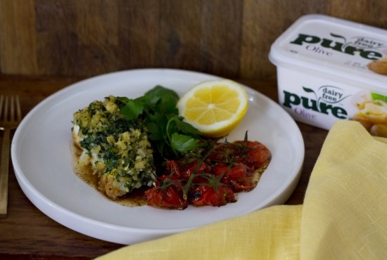 Roast Hake with Lemon and Garlic Crumbs with Roasted Cherry Tomatoes